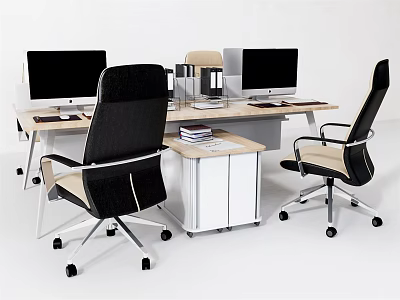 Modern Office Desk Setup With Ergonomic Chairs Computer Monitors And Office Supplies 3d model