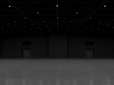 Empty Indoor Warehouse Space Featuring Black Ceiling Many Lights Dark Walls And Gray Concrete Floor 3d model