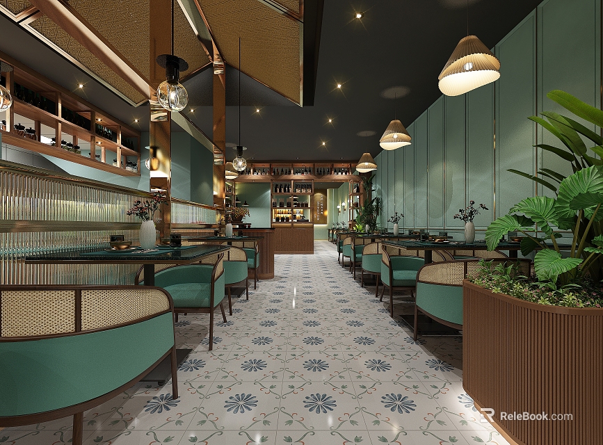 Elegant Modern Restaurant Interior With Green Seats Patterned Tiles Pendant Lights And Plants 3d model 