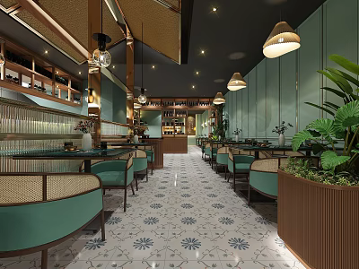 Elegant Modern Restaurant Interior With Green Seats Patterned Tiles Pendant Lights And Plants 3d model
