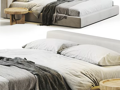 Modern Double Bed With Soft White Pillows Gray Knit Blanket And Wooden Side Table 3d model