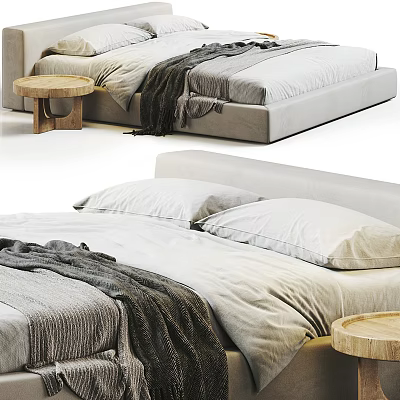 Modern Double Bed With Soft White Pillows Gray Knit Blanket And Wooden Side Table 3d model