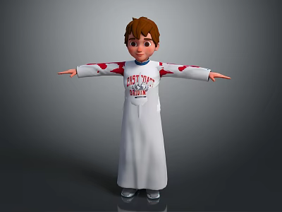 3D Animated Game Movie Character Boy In White Robe With Red Patterns And East Village Text 3d model