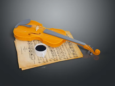 Yellow Violin Placed On Vintage Sheet Music With Small Black Cup 3d model
