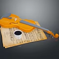 Yellow Violin Placed On Vintage Sheet Music With Small Black Cup