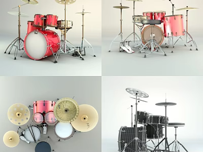 Various Musical Instrument Drum Sets In Red Black With Cymbals And Components 3d model