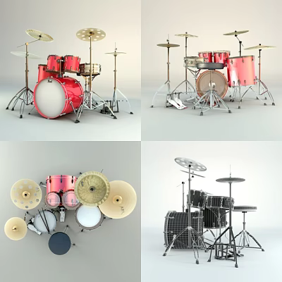 Various Musical Instrument Drum Sets In Red Black With Cymbals And Components 3d model