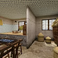 Traditional Rustic Interior With Earthen Walls Wooden Table Benches Clay Pots And Woven Baskets