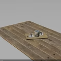 Wooden Cutting Board With Jar And Coffee Cups With Saucers On Wooden Table