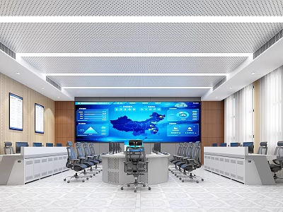 Modern Control Room Interior Design With Large Digital Screen Control Consoles And Ergonomic Chairs 3d model