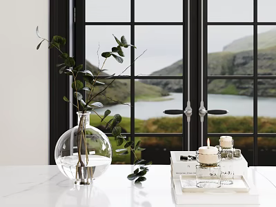 Inflatable Decorative Model By Window With Glass Vase Greenery And Mountain Lake View 3d model