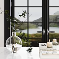 Inflatable Decorative Model By Window With Glass Vase Greenery And Mountain Lake View