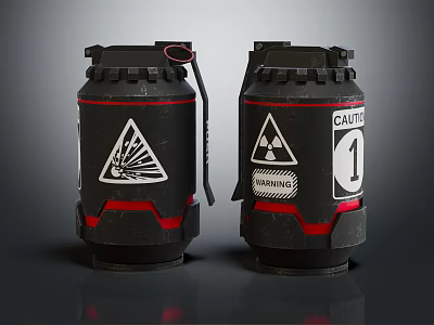 Tactical Military Grenade Weapons With Black Red Stripes Warning Symbols Caution Labels And Pull Rings 3d model