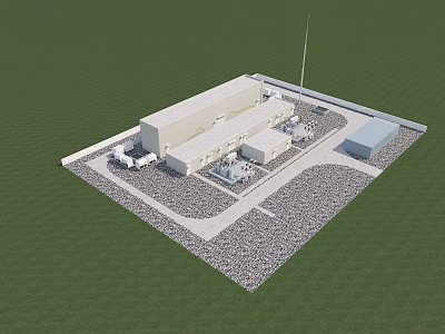 Industrial Factory Building With Surrounding Facilities And Truck Access On Green Lawn With Gravel Ground 3d model