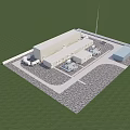 Industrial Factory Building With Surrounding Facilities And Truck Access On Green Lawn With Gravel Ground