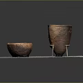 Ancient Guan Ware Pottery with Carved Patterns Bowl and Tall Cup on Display Stand