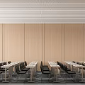 Modern Conference Room With Large Windows 10 Screen Long Tables Black Chairs And Podium