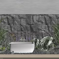 Modern Natural Bathroom Interior With Stone Wall Green Plants And White Bathtub