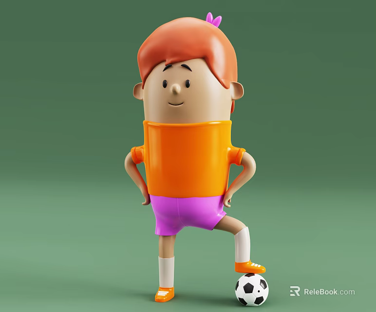 3D Cartoon Character With Red Hair Orange Shirt Purple Shorts And Soccer Ball 3d model 