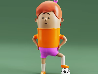3D Cartoon Character With Red Hair Orange Shirt Purple Shorts And Soccer Ball 3d model