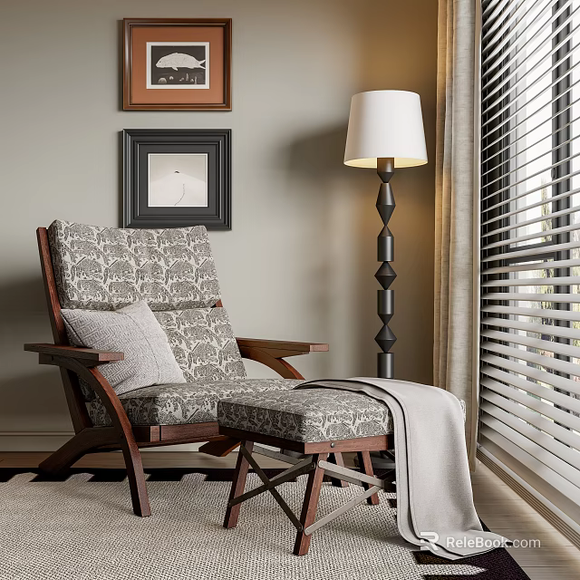 Upholstered Lounge Chair With Gray Throw Blanket Cushion Floor Lamp Window Blinds And Wall Art 3d model 