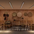 Rural Farm Tools Display Space With Bamboo Furniture Wooden Cart And Wall Decorations