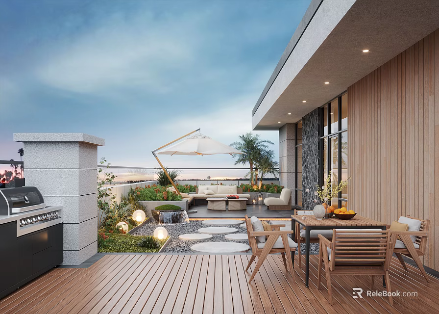 Rooftop Courtyard Garden With Wooden Deck Grill Dining Table Parasol And Circular Path 3d model 