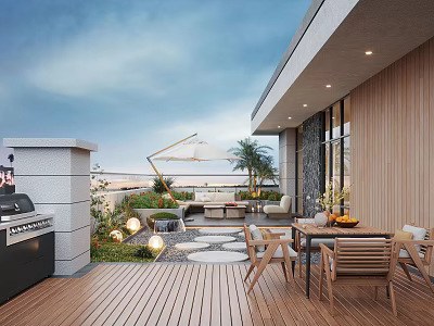 Rooftop Courtyard Garden With Wooden Deck Grill Dining Table Parasol And Circular Path 3d model