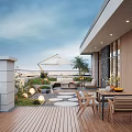 Rooftop Courtyard Garden With Wooden Deck Grill Dining Table Parasol And Circular Path 3d model