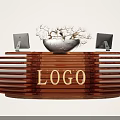 Modern Layered Wooden Reception Desk with Logo Two Computer Monitors and White Flower Pot Plants