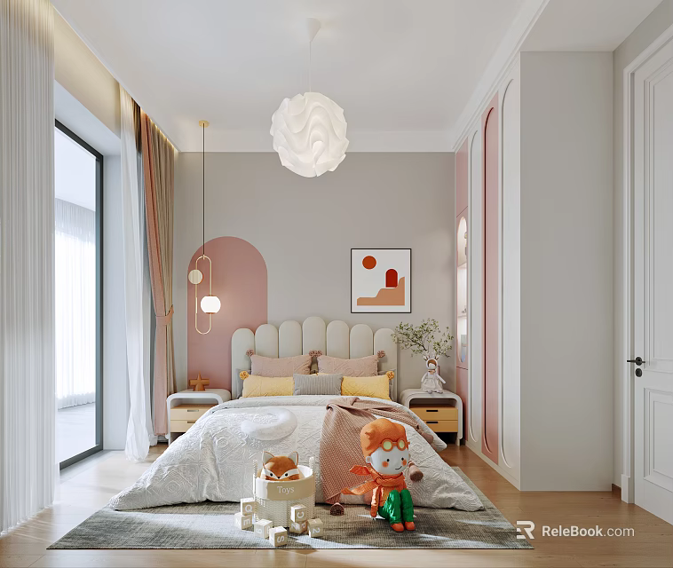 Kids Room Interior Design With Soft Pink White Tones Bed Stuffed Toys And White Chandelier 3d model 