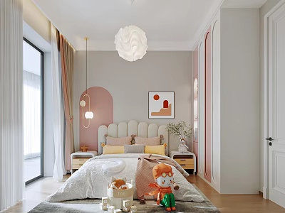 Kids Room Interior Design With Soft Pink White Tones Bed Stuffed Toys And White Chandelier 3d model