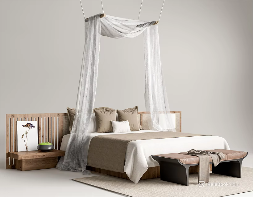 Modern Minimalist Double Bed With Wooden Headboard White Canopy And Brown Pillows 3d model 