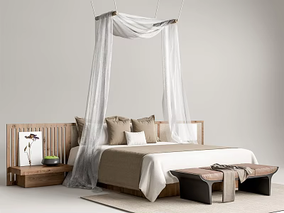 Modern Minimalist Double Bed With Wooden Headboard White Canopy And Brown Pillows 3d model