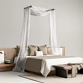 Modern Minimalist Double Bed With Wooden Headboard White Canopy And Brown Pillows