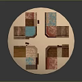 Various Colorful Building Models on Circular Platform with Textured Roofs and Walls
