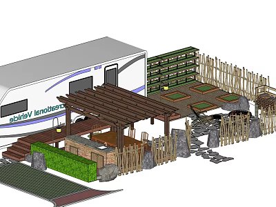 Camper Van Campsite With Wooden Pergola Stone Fence And Green Plants 3d model