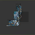 Futuristic Blue And White Mechanical Device With Wings Surrounded By Various Blue Weapons And Chest