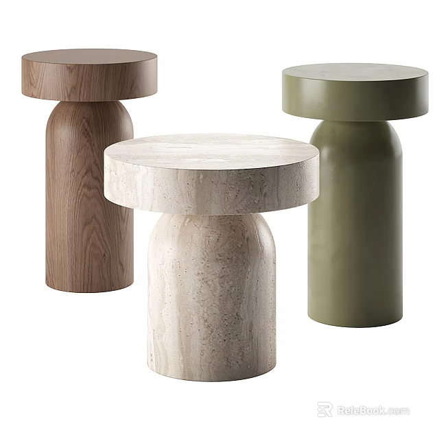 Modern Round Side Tables With Wooden Marble And Green Cylinder Bases 3d model 