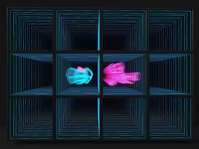 Mirror Maze Structure With Glowing Blue Pink Objects And Tunnel Reflection 3d model