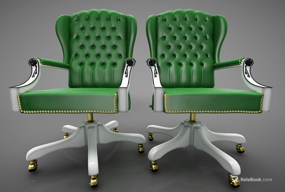 Green Tufted Office Chair With White Base Gold Casters And Armrests 3d model 