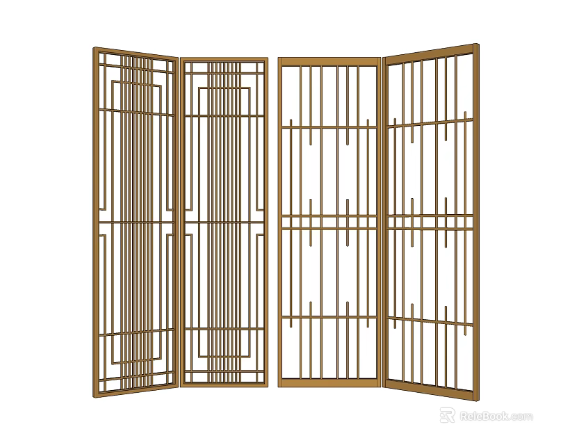 Wooden Folding Room Divider With Vertical Slats And Geometric Patterns On Multiple Panels 3d model
