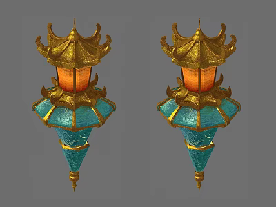 Traditional Outdoor Lights With Golden Decoration Blue Body And Orange Lampshade 3d model