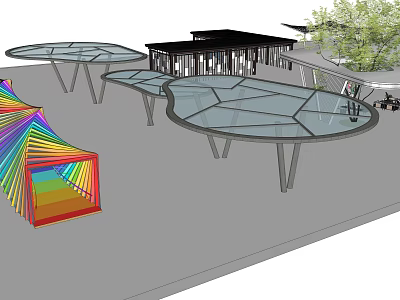 Modern Pergola With Glass Canopy And Metal Supports Near Building And Greenery Design 3d model