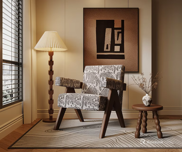 Elegant Living Room With Patterned Armchair Floor Lamp Side Table And Wall Art 3d model 