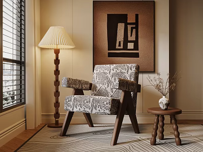 Elegant Living Room With Patterned Armchair Floor Lamp Side Table And Wall Art 3d model
