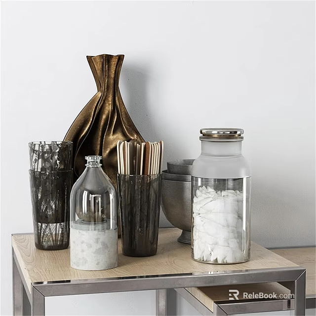 Home Living Essentials With Glass Jars Cotton Pads Straws Cloth Bag And Wooden Tray 3d model 