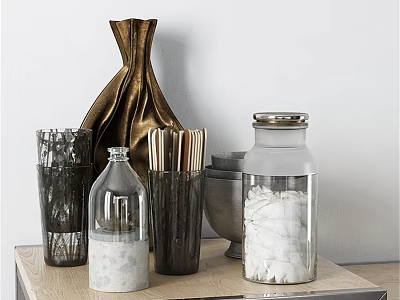 Home Living Essentials With Glass Jars Cotton Pads Straws Cloth Bag And Wooden Tray 3d model
