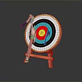 Weapons Such As Axes And Knives Embedded In Target Board With Wooden Stand