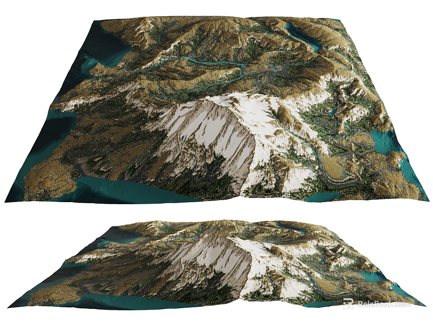 Detailed 3D Mountain Terrain Model With Snowy Peak And Surrounding Water Bodies 3d model 